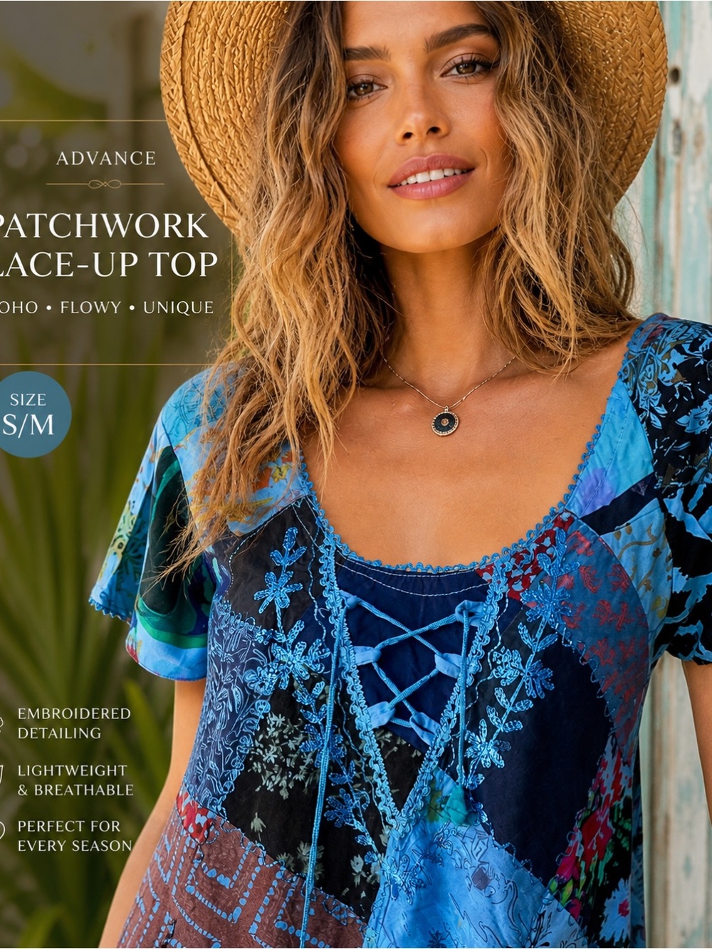 Advance Patchwork Lace-Up Boho Top Blue Embroidered Festival Blouse S/M, NWOT